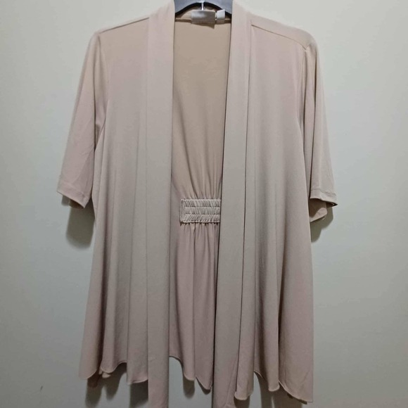 Susan Graver 1X Open Front Cardigan Top Elbow Sleeve Neutral Beige Draped - Picture 1 of 6